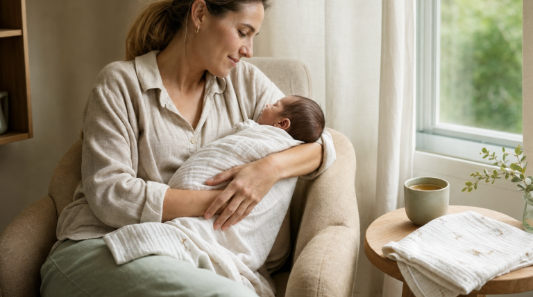 Madre amamantando a su bebé recién nacido en un sillón junto a la ventana